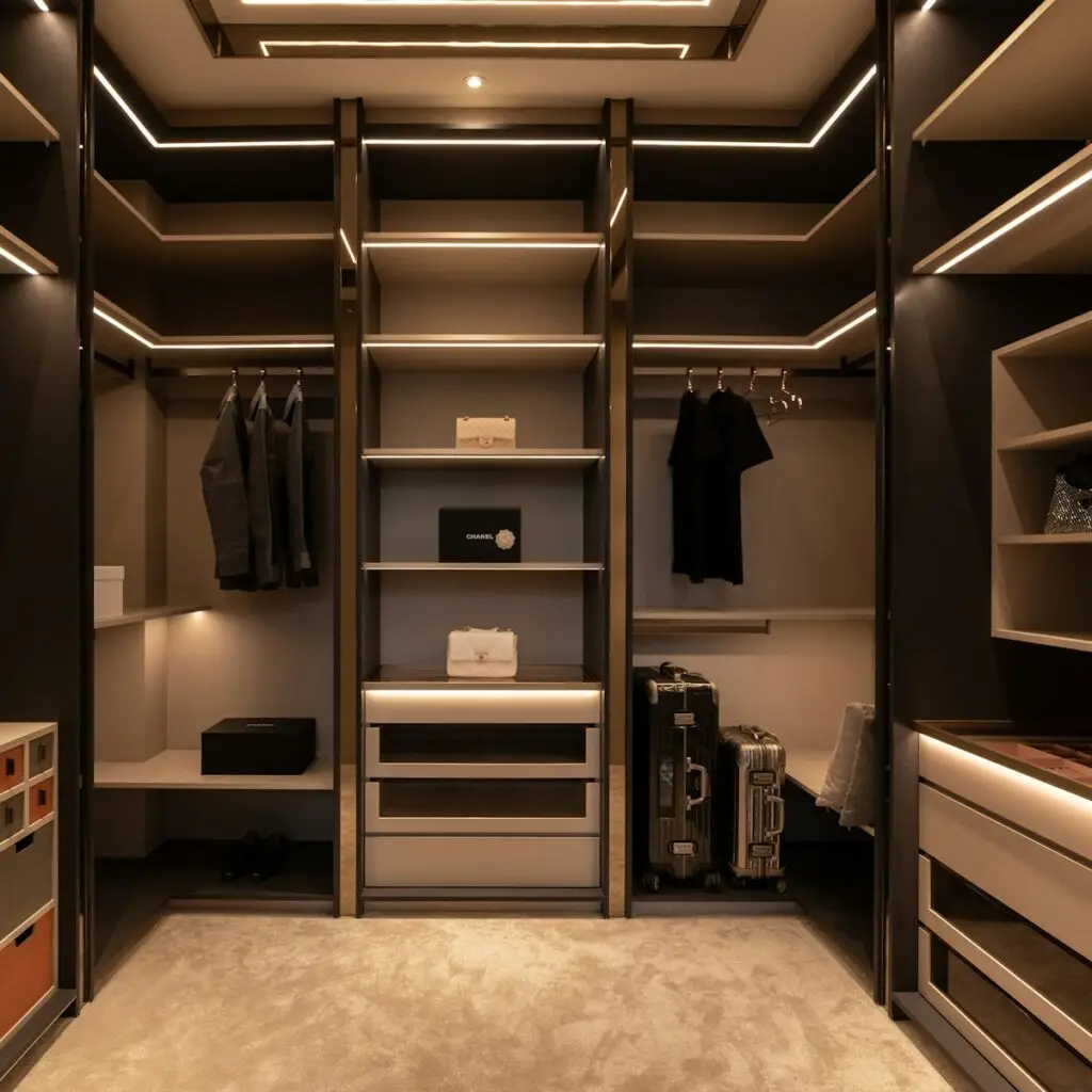 a walk - in closet with shelves, drawers, and a suitcase